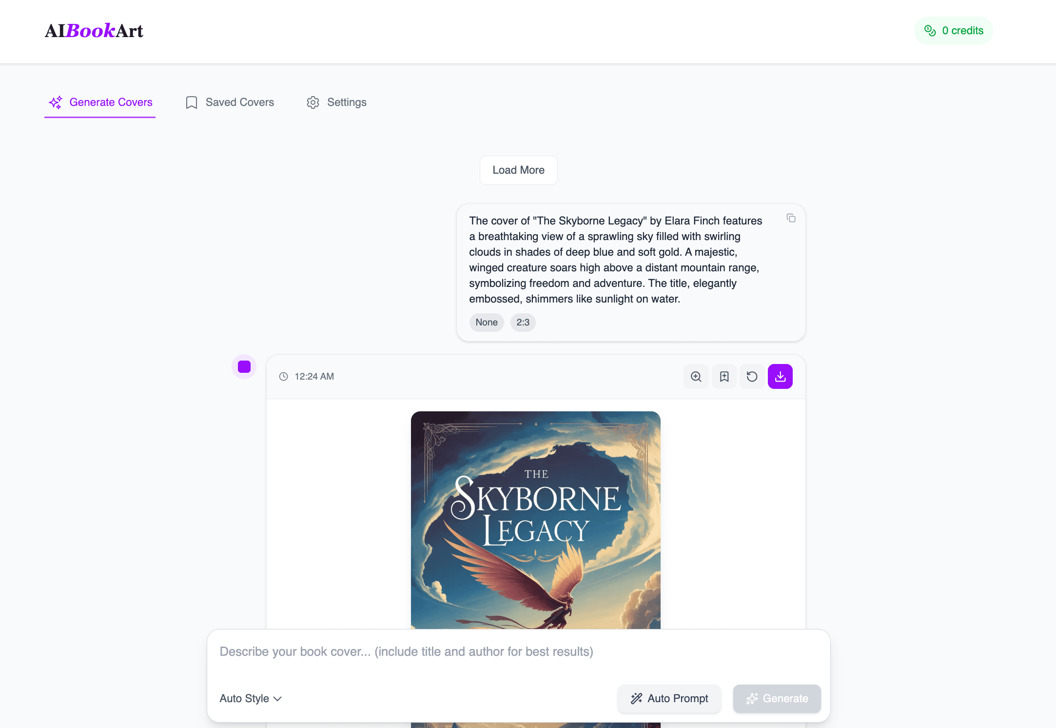 AIBookArt dashboard interface showing book cover generation, credit management, and download options